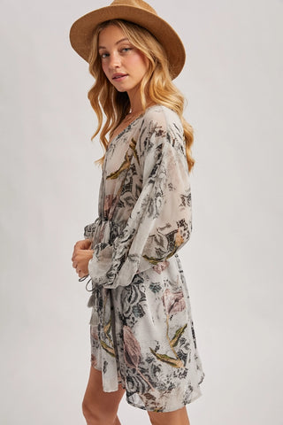 Floral Print Drawstring Bubble Sleeved V-Neck Mini Dress