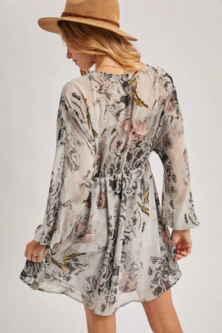Floral Print Drawstring Bubble Sleeved V-Neck Mini Dress