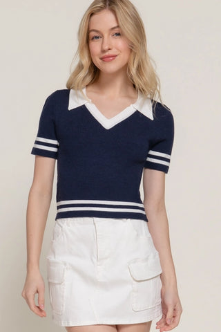 Blue Short Sleeve Stripe Polo Spring Sweater