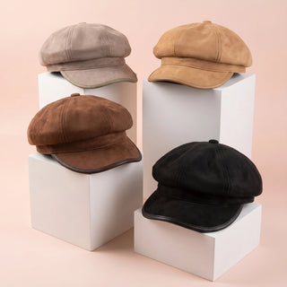 Vegan Leather Trim Newsboy Cabbie Hat