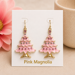 Pink Enamel Christmas Tree Earrings