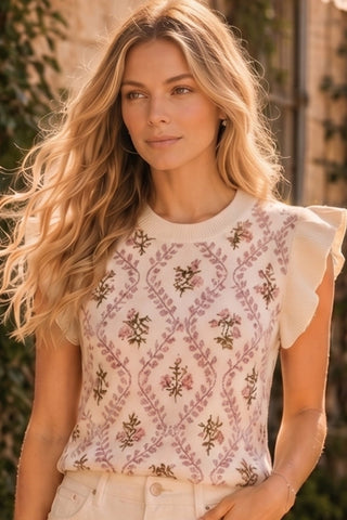 Floral Ruffle Sleeve Knit Top