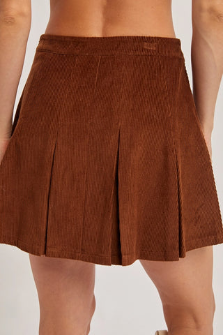 Brown Corduroy Pleated Mini Skirt