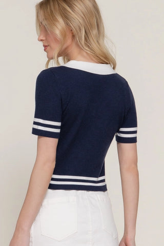 Blue Short Sleeve Stripe Polo Spring Sweater