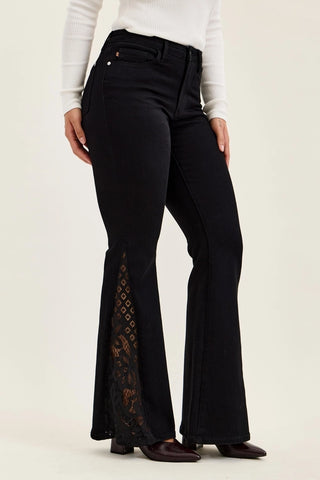Judy Blue Jaqueline Mid-Rise Lace Hem Ultra Flare Jeans – Shadow Luxe Black