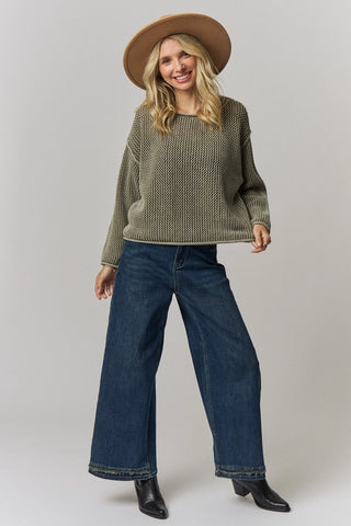 Rolled Hem Textured Knit Sweater Top - Green