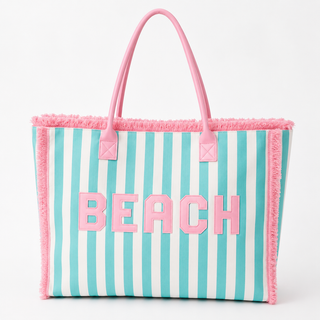 BEACH Letter Embroidery Frayed Stripe Shoulder Tote