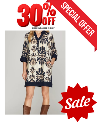 Printed Mini Dress – Half Sleeves, Contrast Trim & Pockets