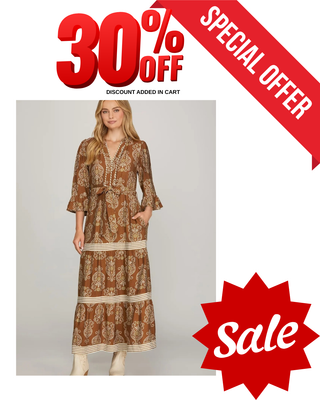 Boho Brown Tiered Maxi Dress – Ruffled Sleeves, Contrast Trim & Pockets