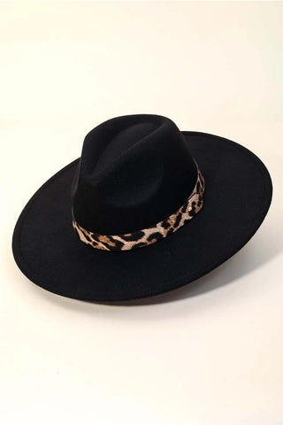 Leopard Strap Flat Brim Fedora Hat
