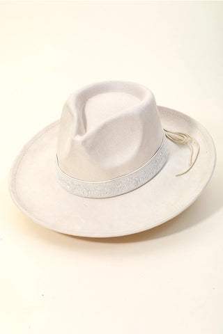 Ivory Embroidered Flower Strap Fedora Hat