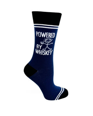 Navy Powered by Whiskey crew sock with white lettering, playful character and stripes, and black cuff, heel, and toe