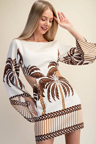 Open Back Long Sleeve Palm Tree Mini Dress