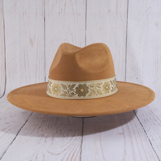 Wide Brim Felt Hat with Floral Ribbon Band