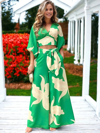 Anna-Kaci Tropical Floral Crop Top & Wide Leg Pants Set