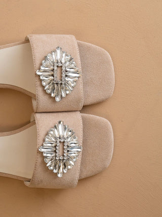 Brooch Slide Sandal | Crystal Embellished Suede Flat Sandal