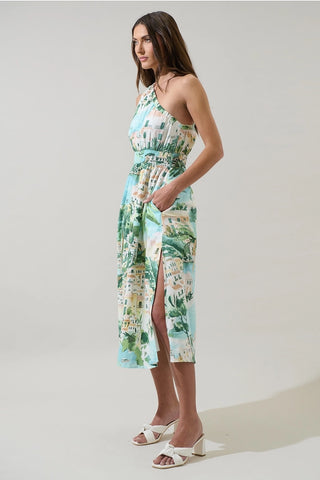 Coastal Print One Shoulder Midi Dress
