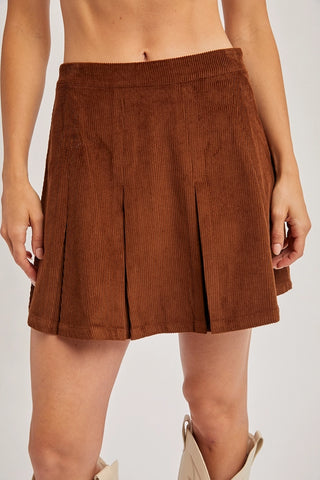 Brown Corduroy Pleated Mini Skirt