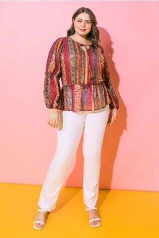 Boho Printed Woven Peplum Top - Plus Size