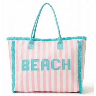 BEACH Letter Embroidery Frayed Stripe Shoulder Tote