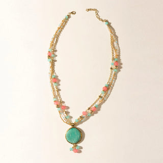 Bold Turquoise Pink and Gold Western Beaded Necklace