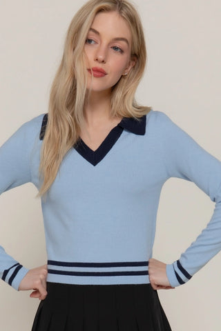 Blue Long Sleeve Stripe Polo Sweater