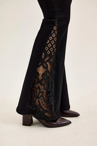 Judy Blue Jaqueline Mid-Rise Lace Hem Ultra Flare Jeans – Shadow Luxe Black
