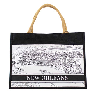 New Orleans Pocket Tote – Black & White City Skyline Jute Bag