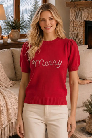 Red holiday sweater with beaded Merry lettering and short puff sleeves