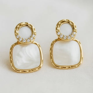 Mother-of-pearl and crystal pavé geometric drop earrings - close-up front view