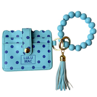 Lulu Mac Beaded Wristlet ID Wallet – Light Blue Navy Dot