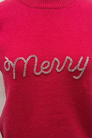 Merry Rhinestone Puff Sleeve Sweater - Red