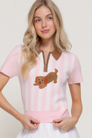 Short Sleeve Dog Frolicking Vertical Stripe Polo Top