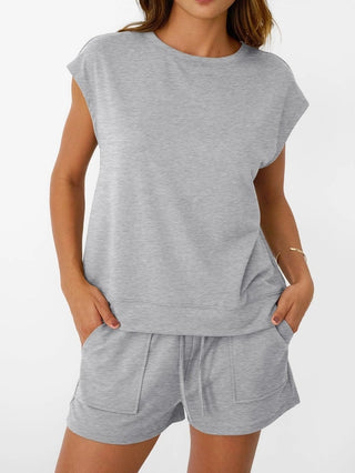 Casual Lounge Set – Cap Sleeve Top & Drawstring Shorts