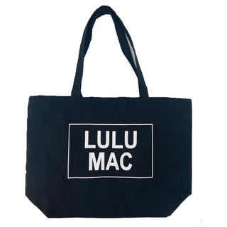 Black Lulu Mac canvas tote bag measuring 12 by 15 inches