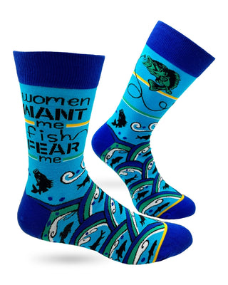 Pair of turquoise and royal blue fishing crew socks showing Women Want Me Fish Fear Me wording, fish, and wave graphics