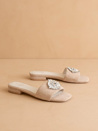 Brooch Slide Sandal | Crystal Embellished Suede Flat Sandal