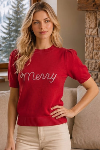 Merry Rhinestone Short Puff Sleeve Christmas Sweater