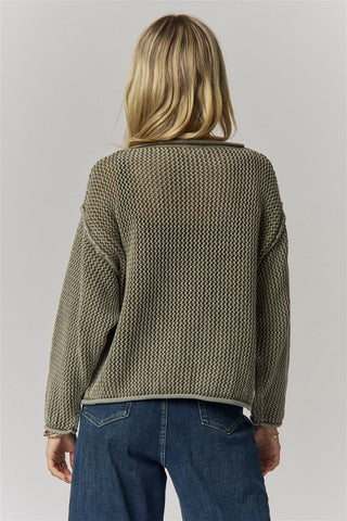 Rolled Hem Textured Knit Sweater Top - Green