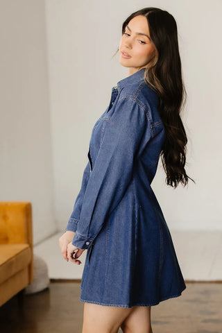 Blue Denim Collared Shirt Dress - Long Sleeve Fit & Flare