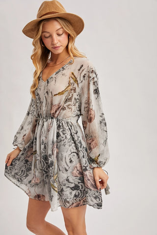 Floral Print Drawstring Bubble Sleeved V-Neck Mini Dress