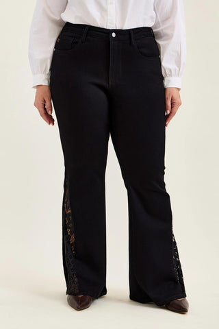 Judy Blue Jaqueline Plus Size Mid-Rise Lace Hem Ultra Flare Jeans - Shadow Luxe Black