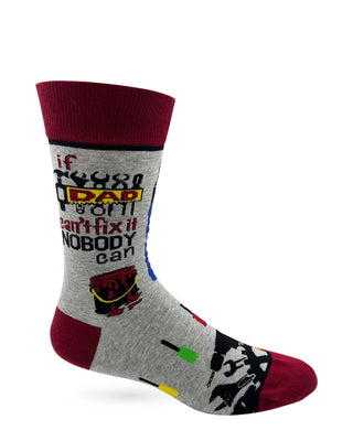 Gray men's crew sock showing If Dad Can't Fix It Nobody Can lettering, paint bucket and tools, with burgundy cuff, heel, and toe