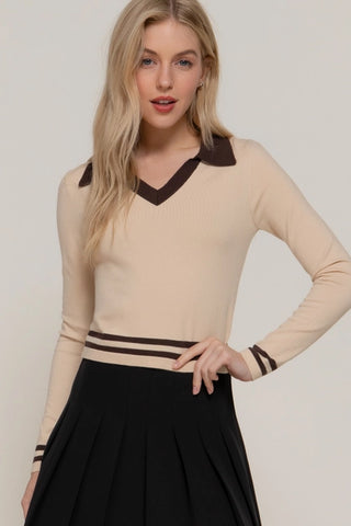 Brown Long Sleeve Stripe Polo Sweater