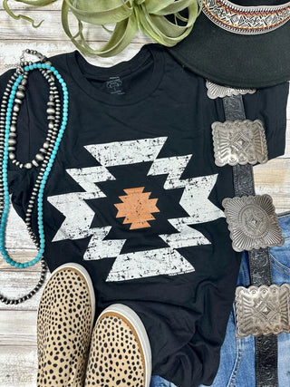 Black Durango Aztec crew tee with distressed ivory and rust geometric graphic