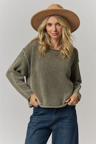 Rolled Hem Textured Knit Sweater Top - Green