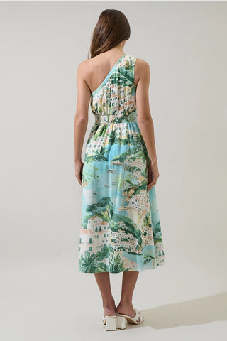 Coastal Print One Shoulder Midi Dress