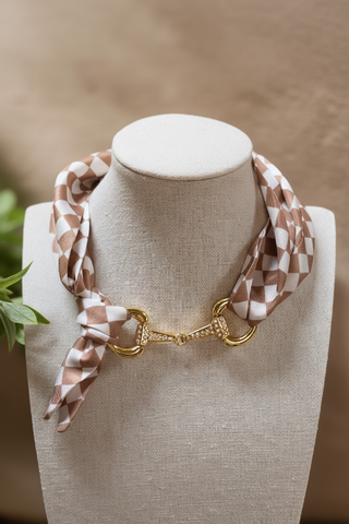Mocha brown and white gingham silk scarf necklace with gold rhinestone snaffle bit pendant