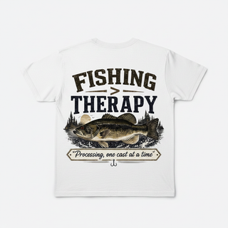 Fishing > Therapy graphic tee by Rough Cut Apparel Co. - back of white shirt