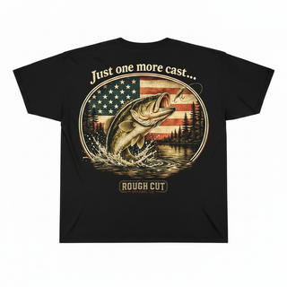 Just One More Cast graphic tee by Rough Cut Apparel Co. - back of black shirt on white background
